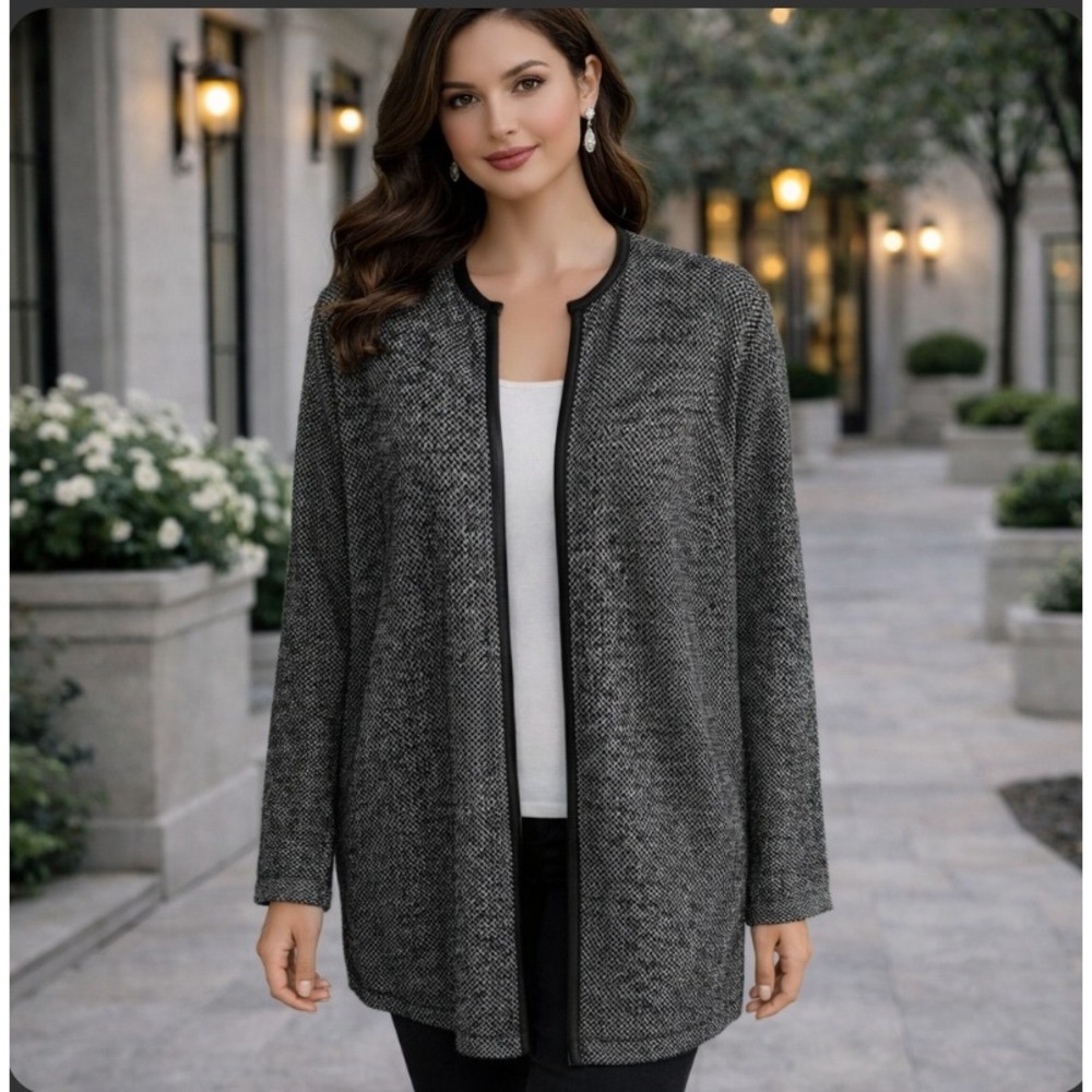Ralph Lauren Cardigan Sweater Women Large Cream Black Cashmere Lamb Leather Trim